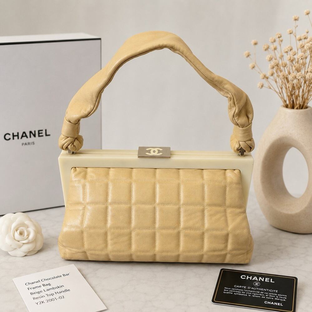Chanel Chocolate Bar Frame Bag Beige Lambskin Resin Top Handle Y2K 2001-02